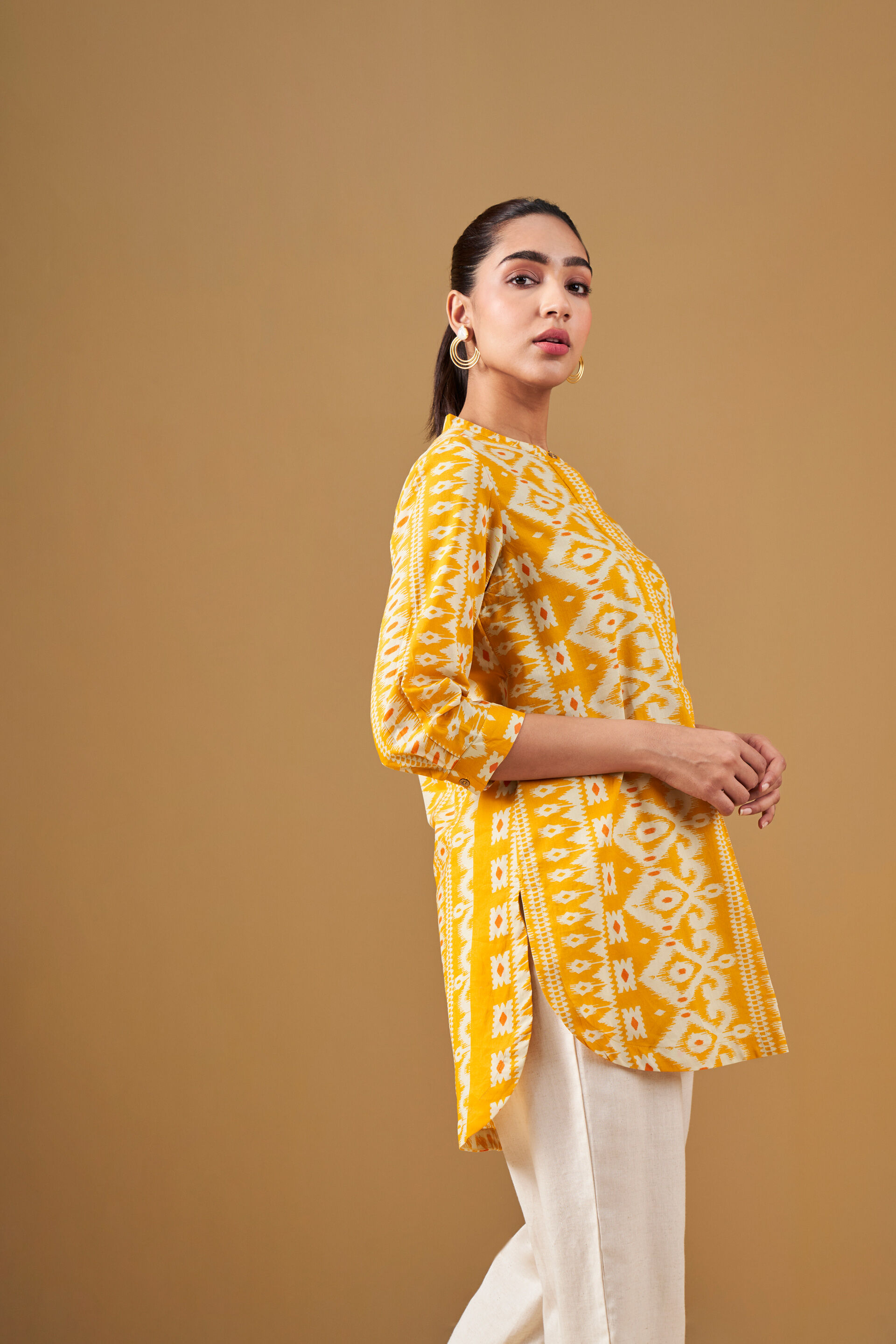 Blended Cotton Ikat Dress in Pink and Gold | Dresses For Women - Karmaplace